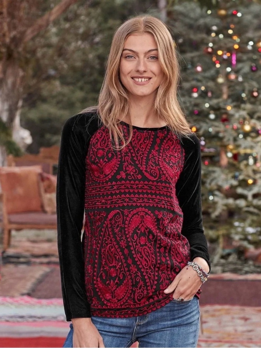 SUNDANCE  ENCHANTRESS BLACK RED VELVET EMBROIDERED LONG SLEEVE TOP SZ M